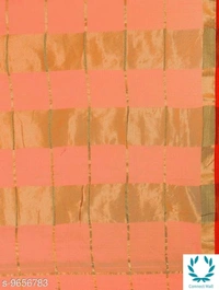 Orange Kota Doria Cotton Zari Stripes Checks saree with Unstitched Blouse piece - Striped, Pack Of :1